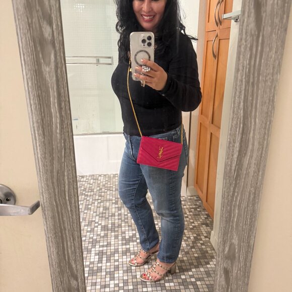 YSL Saint Laurent Bright Pink Chevron Quilted Caviar Leather Wallet on Chain WOC - Picture 12 of 17